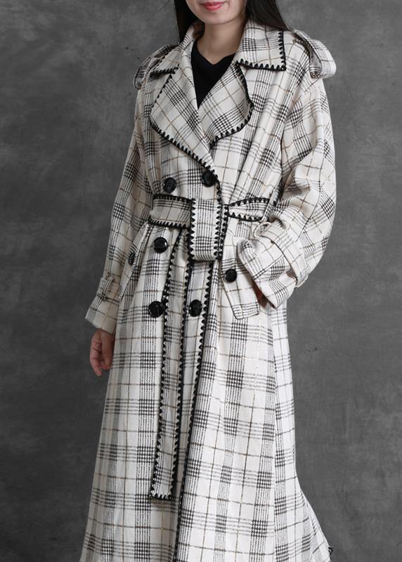 Art white plaid fine trench coat Gifts Notched back side open outwears - bagstylebliss