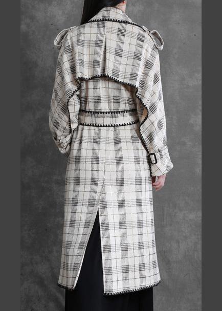 Art white plaid fine trench coat Gifts Notched back side open outwears - bagstylebliss