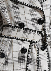 Art white plaid fine trench coat Gifts Notched back side open outwears - bagstylebliss