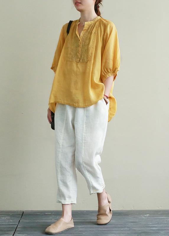 Art yellow embroidery linen tunic top v neck Button Down silhouette summer blouses - bagstylebliss