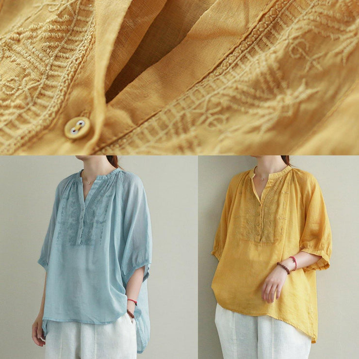 Art yellow embroidery linen tunic top v neck Button Down silhouette summer blouses - bagstylebliss