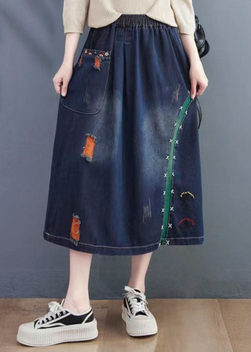 Art Navy Embroidered Hole Summer Denim Skirt