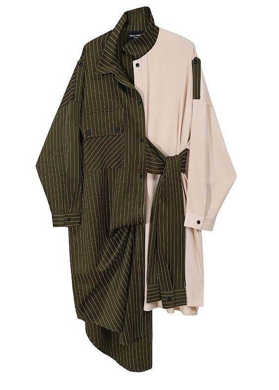 Autumn Asymmetrical Shirt Dress Long Sleeve Striped Sashes Ladies Stylish Robe - bagstylebliss