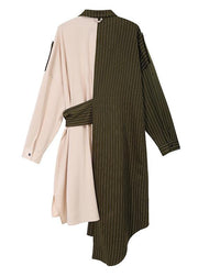 Autumn Asymmetrical Shirt Dress Long Sleeve Striped Sashes Ladies Stylish Robe - bagstylebliss