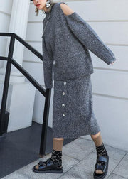 Autumn Knitted Gray Set Women's Two-piece Skirt New Sweater Skirt Set - bagstylebliss