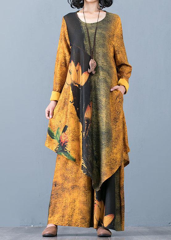 Autumn Knitted Yellow Print Irregular Medium Long Top Loose Wide Leg Pants Two Piece Set - bagstylebliss