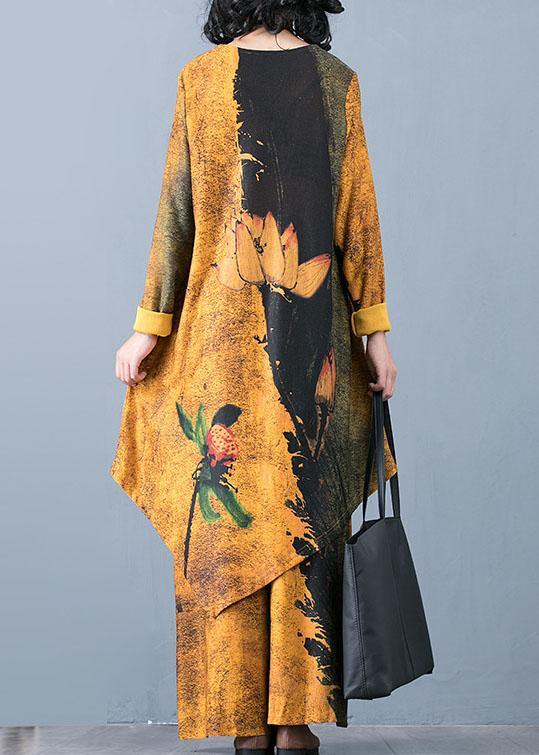 Autumn Knitted Yellow Print Irregular Medium Long Top Loose Wide Leg Pants Two Piece Set - bagstylebliss