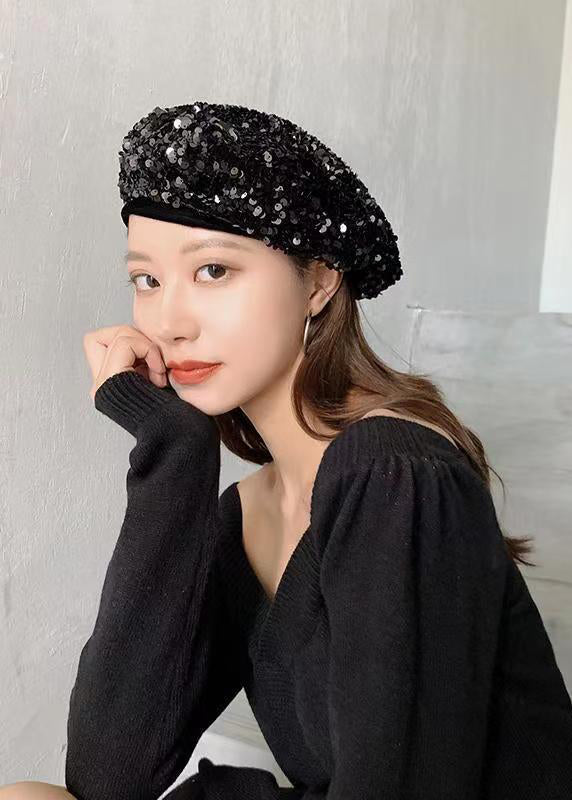 Autumn Winter New Women Black Sequins Beret Hat