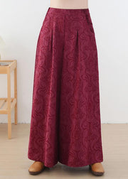 Autumn and winter Retro Red jacquard thickened women's wide leg pants - bagstylebliss