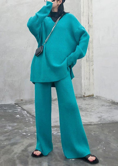 Autumn and winter suit 2021 new women's fashion knitted wide leg pants blue green two piece - bagstylebliss