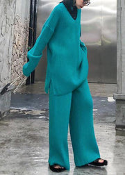 Autumn and winter suit 2021 new women's fashion knitted wide leg pants blue green two piece - bagstylebliss