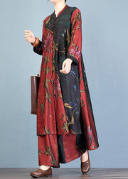 Autumn large size retro long coat jacket loose wide leg pants red printed two-piece suit - bagstylebliss