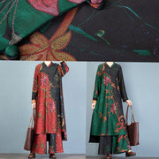 Autumn large size retro long coat jacket loose wide leg pants red printed two-piece suit - bagstylebliss