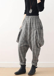 Autumn new retro thick large size warm knitted gray plaid harem bloomers - bagstylebliss