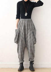 Autumn new retro thick large size warm knitted gray plaid harem bloomers - bagstylebliss