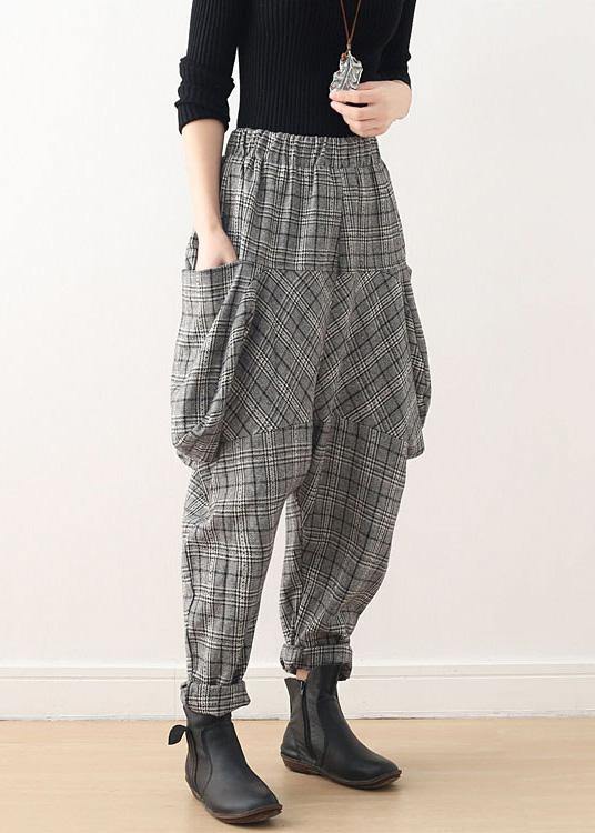 Autumn new retro thick large size warm knitted gray plaid harem bloomers - bagstylebliss