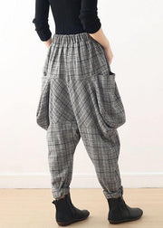 Autumn new retro thick large size warm knitted gray plaid harem bloomers - bagstylebliss