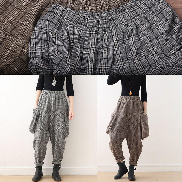 Autumn new retro thick large size warm knitted gray plaid harem bloomers - bagstylebliss