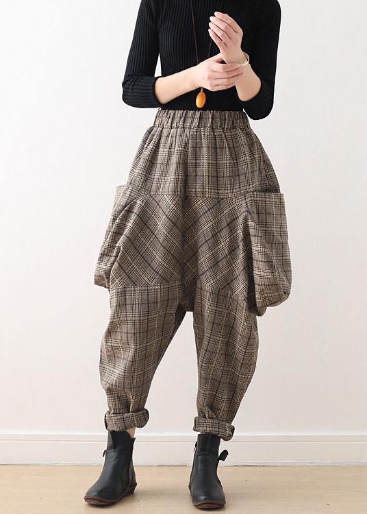 Fall new style retro large size warm knitted brown plaid Harlan bloomers - bagstylebliss