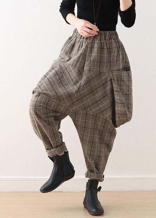 Fall new style retro large size warm knitted brown plaid Harlan bloomers - bagstylebliss