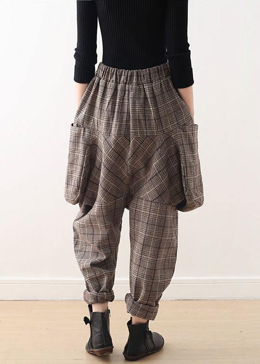 Fall new style retro large size warm knitted brown plaid Harlan bloomers - bagstylebliss