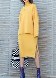 Autumn new temperament yellow high collar long-sleeved sweater suit skirt two-piece - bagstylebliss