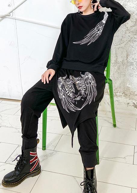 Autumn suit ming casual black printed long-sleeved sweater harem pants two-piece suit - bagstylebliss