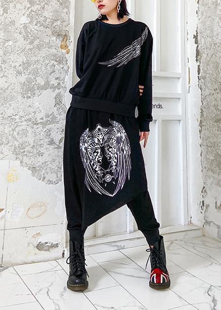 Autumn suit ming casual black printed long-sleeved sweater harem pants two-piece suit - bagstylebliss