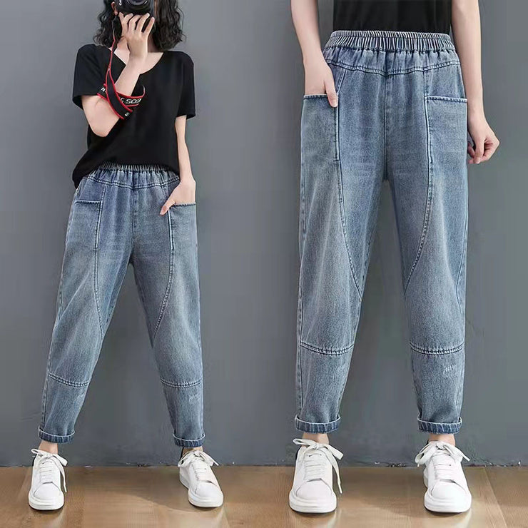 Autumn new blue lace-up elastic waist harem jeans