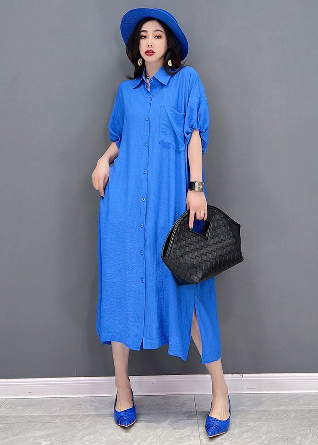 Baggy Blue Solid Peter Pan Collar Oversized Cotton And Linen Shirt Dress Short Sleeve