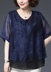 Baggy Navy O-Neck Patchwork Chiffon Blouse Top Half Sleeve