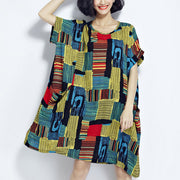 Baggy green prints cotton shift dresses plus size traveling clothing vintage o neck short sleeve cotton dress