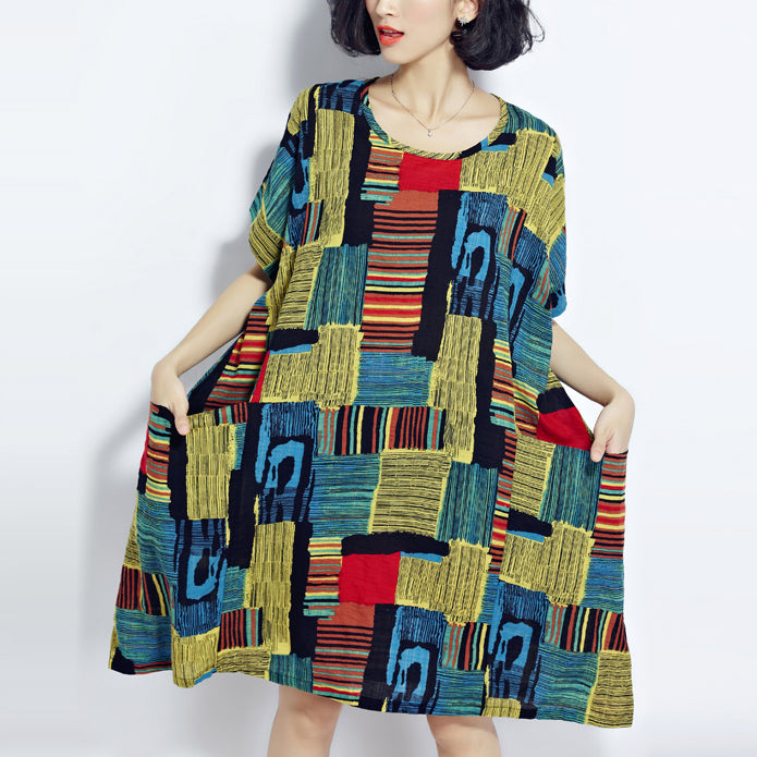 Baggy green prints cotton shift dresses plus size traveling clothing vintage o neck short sleeve cotton dress