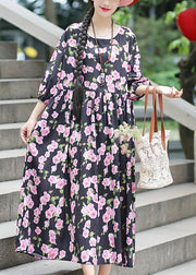 Beach Black Print Chiffon Clothes Plus Size Ideas O Neck Half Sleeve Summer Dress - bagstylebliss