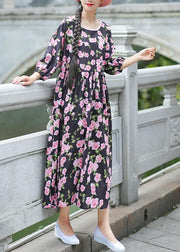 Beach Black Print Chiffon Clothes Plus Size Ideas O Neck Half Sleeve Summer Dress - bagstylebliss