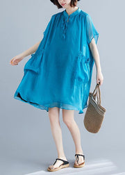 Beach stand collar pockets chiffon stylish Fabrics blue Love Dresses Summer - bagstylebliss