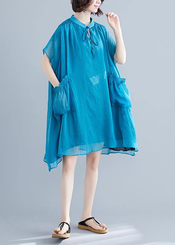 Beach stand collar pockets chiffon stylish Fabrics blue Love Dresses Summer - bagstylebliss
