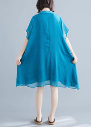 Beach stand collar pockets chiffon stylish Fabrics blue Love Dresses Summer - bagstylebliss