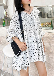 Beach white dotted chiffon clothes plus size Sleeve v neck Ruffles Love tops - bagstylebliss