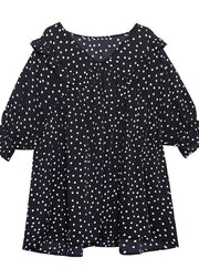 Beach white dotted chiffon clothes plus size Sleeve v neck Ruffles Love tops - bagstylebliss