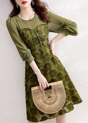 Beautiful Army Green O Neck High Waist Patchwork Chiffon Dresses Fall