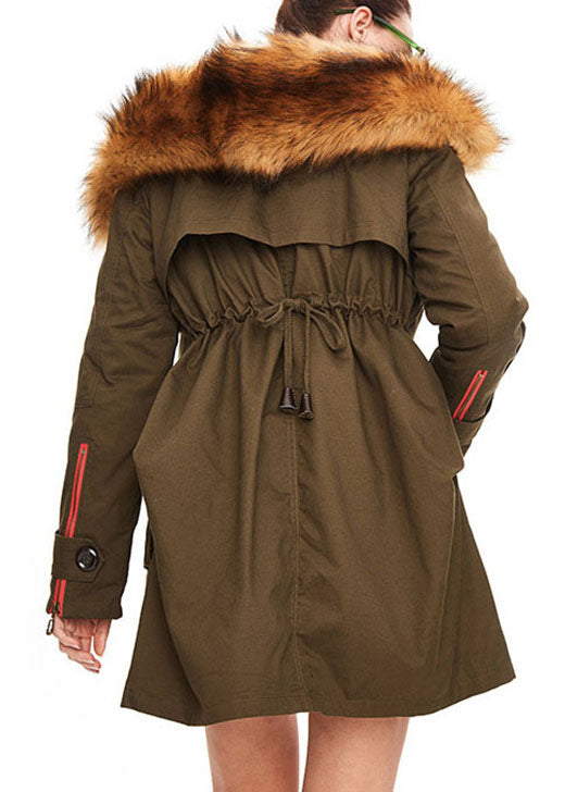 Beautiful Army Green hooded Fur collar tasseled drawstring Winter Duck Down Jacket