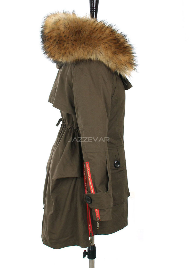 Beautiful Army Green hooded Fur collar tasseled drawstring Winter Duck Down Jacket