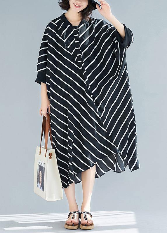 Beautiful Asymmetric Spring Black Striped Robes Dresses - bagstylebliss