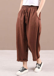 Beautiful Beige Elastic Waist Pockets Pants Trousers Linen - bagstylebliss