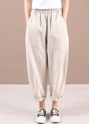 Beautiful Beige Elastic Waist Pockets Pants Trousers Linen - bagstylebliss