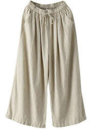 Beautiful Beige Elastic Waist tie waist Wide Leg Pants Linen - bagstylebliss