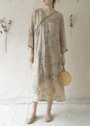 Beautiful Beige V Neck Print Patchwork Linen Long Dresses Long Sleeve