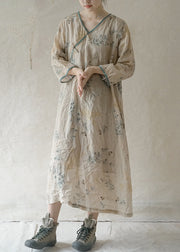 Beautiful Beige V Neck Print Patchwork Linen Long Dresses Long Sleeve