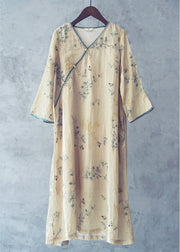 Beautiful Beige V Neck Print Patchwork Linen Long Dresses Long Sleeve